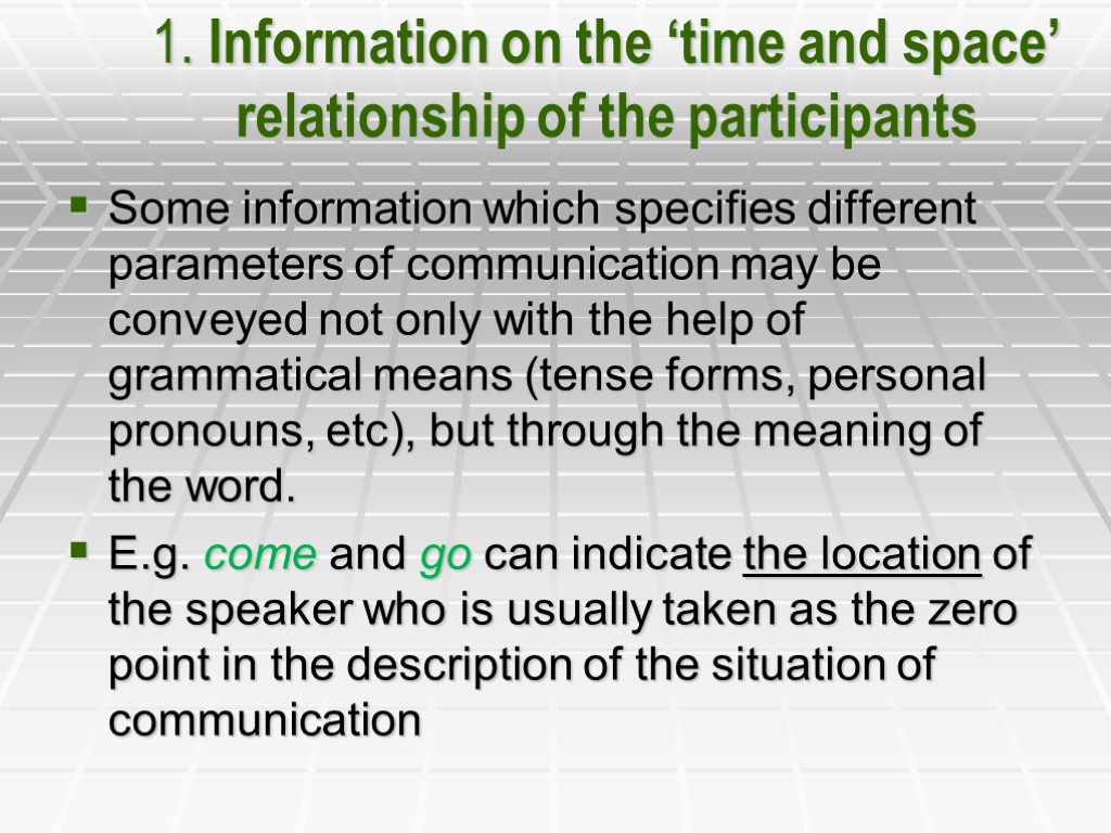 1. Information on the ‘time and space’ relationship of the participants Some information which